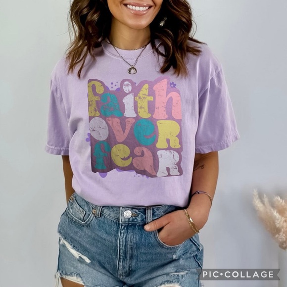 NWT! Press Lab Lilac Faith Over Fear Short Sleeve Crew Neck Graphic T-Shirt - Picture 1 of 8